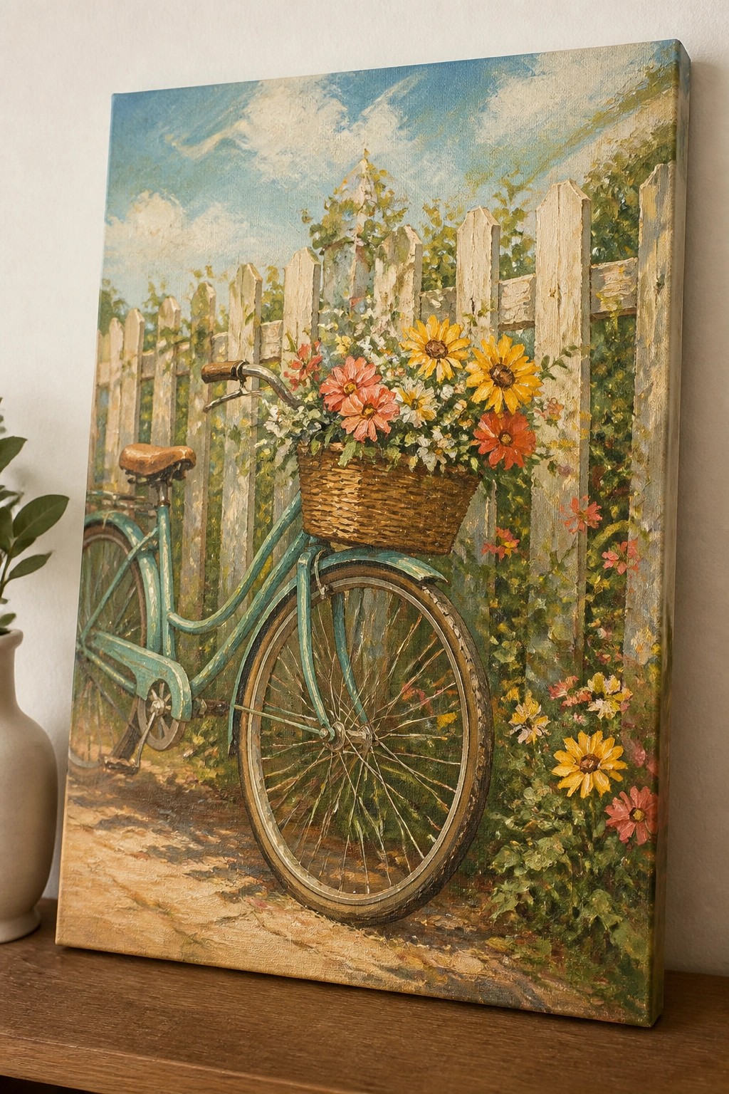 Painting of turquoise bicycle with flower-filled basket against white picket fence.