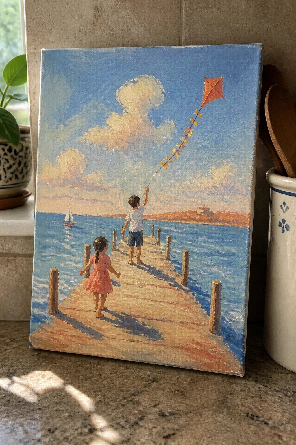 Impressionistic oil painting of children on pier flying orange kite over blue ocean