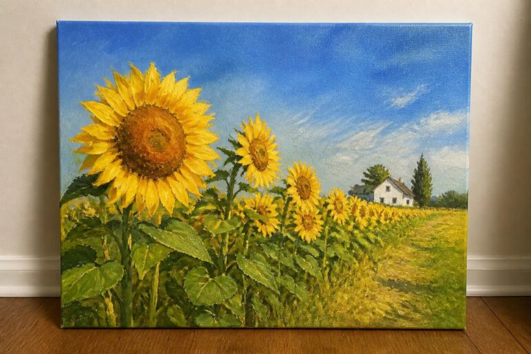 19 Vibrant Summer Oil Painting Scenes That Capture Bright Seasonal Color Vibrant painting of yellow sunflowers in green field under blue sky with white house.
