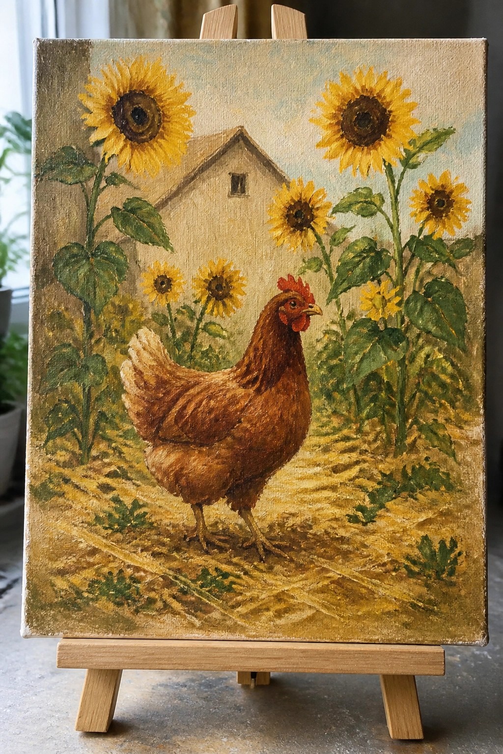 Oil painting on wooden easel of brown hen amid sunflowers with barn behind.