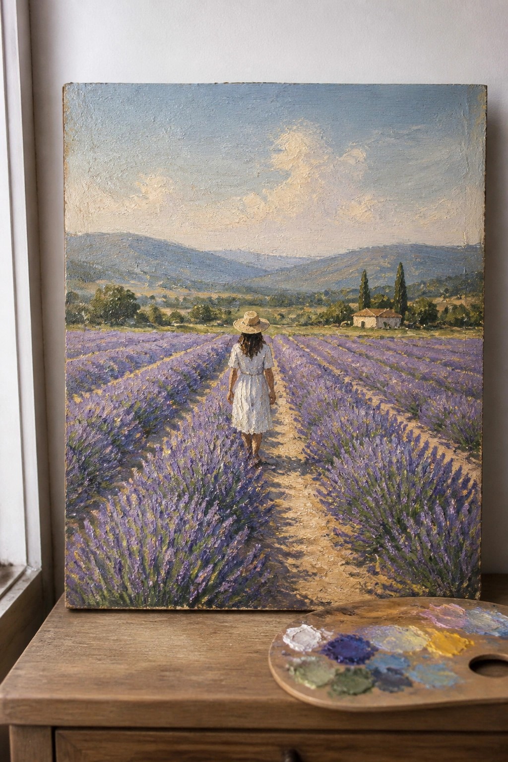 Painting of woman in white dress walking through purple lavender field beside palette
