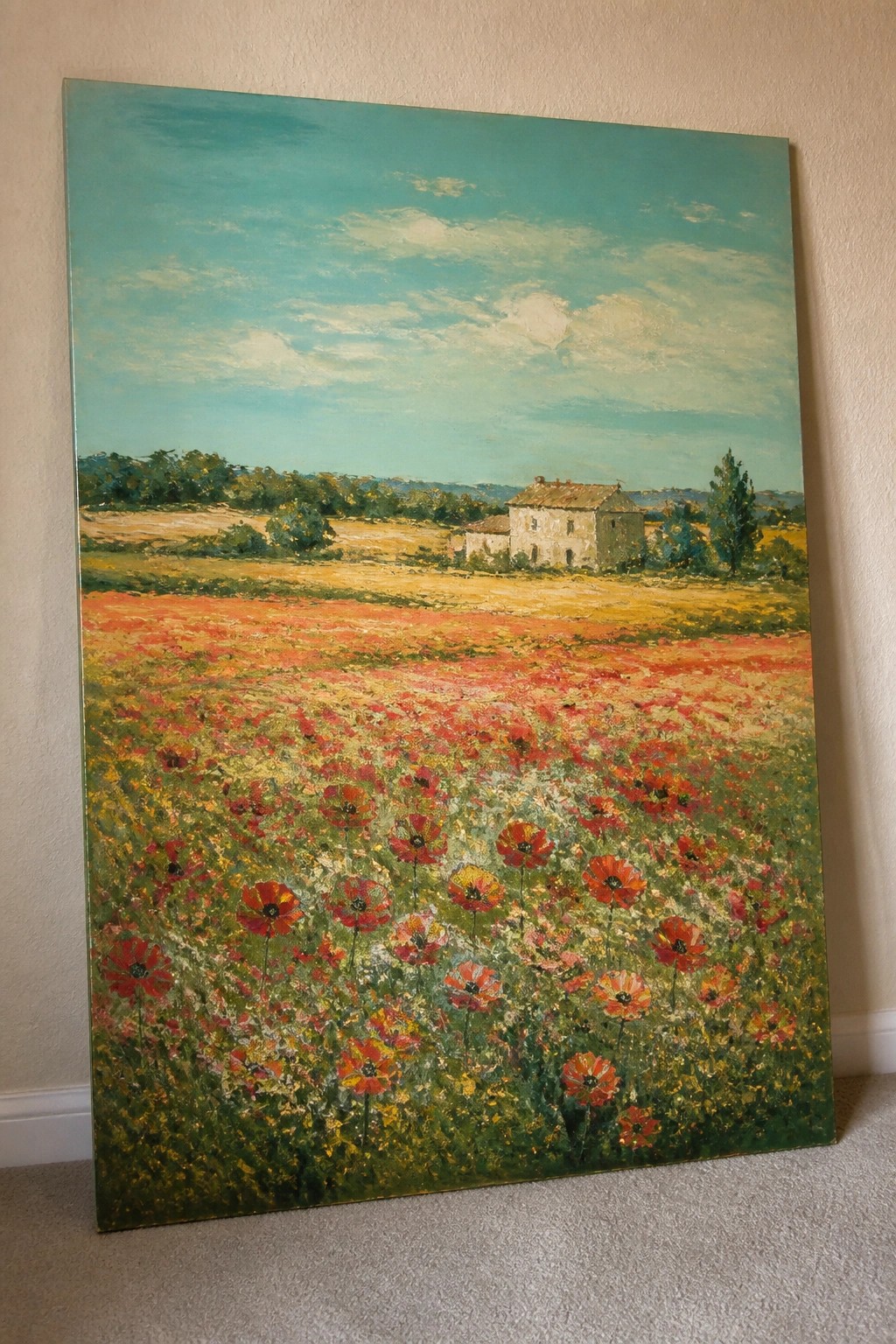 Vivid oil painting of red poppy field with distant stone house under blue sky.