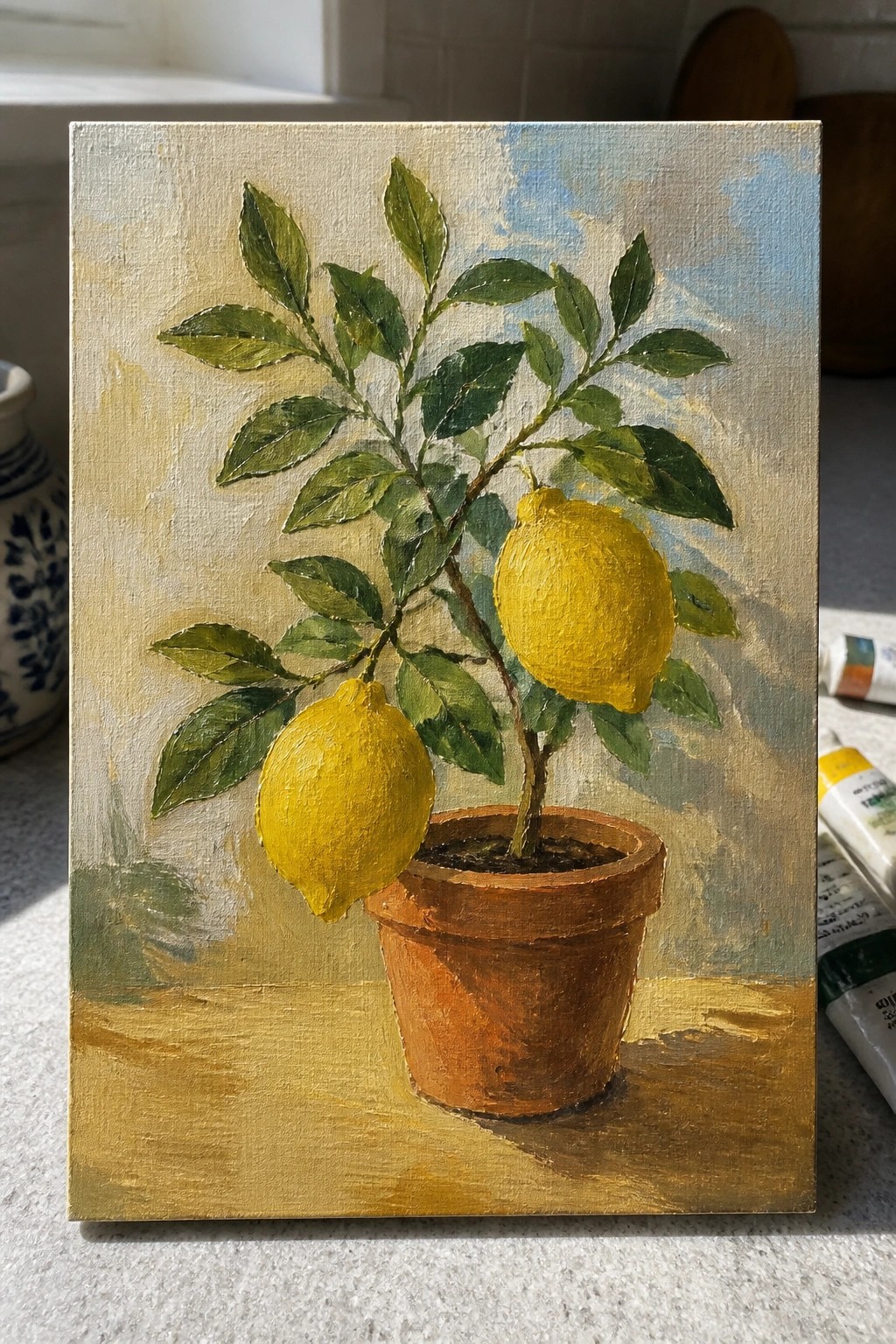 Oil painting of lemon plant with two yellow fruits in terracotta pot on table.