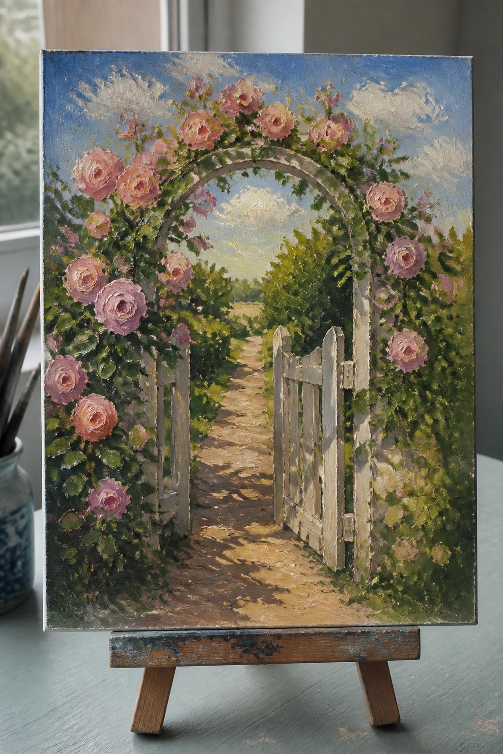 Oil painting of pink roses arching over white gate on sunny garden path