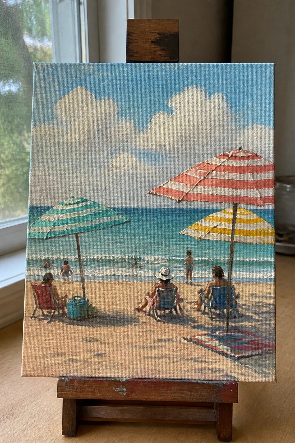 Beach painting on easel with striped umbrellas, seated people, and ocean waves