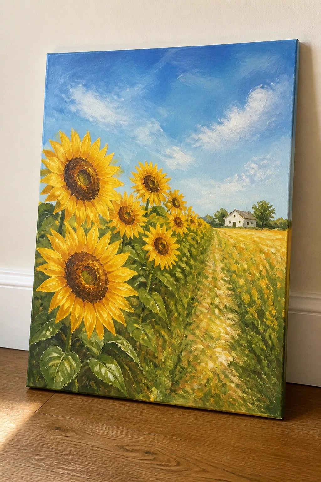 Vibrant painting of yellow sunflowers in green field under blue sky with white house.