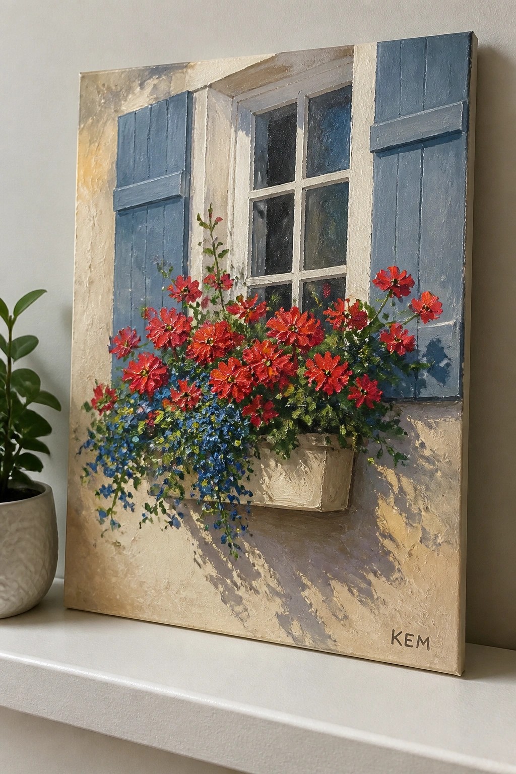 Oil painting of window with blue shutters, red flowers, and cascading blue blooms.