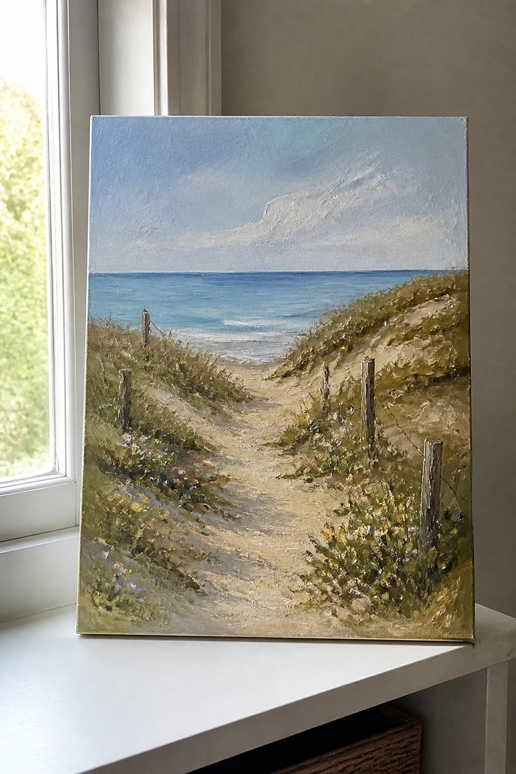 Sandy path through dunes to blue ocean in oil painting on windowsill