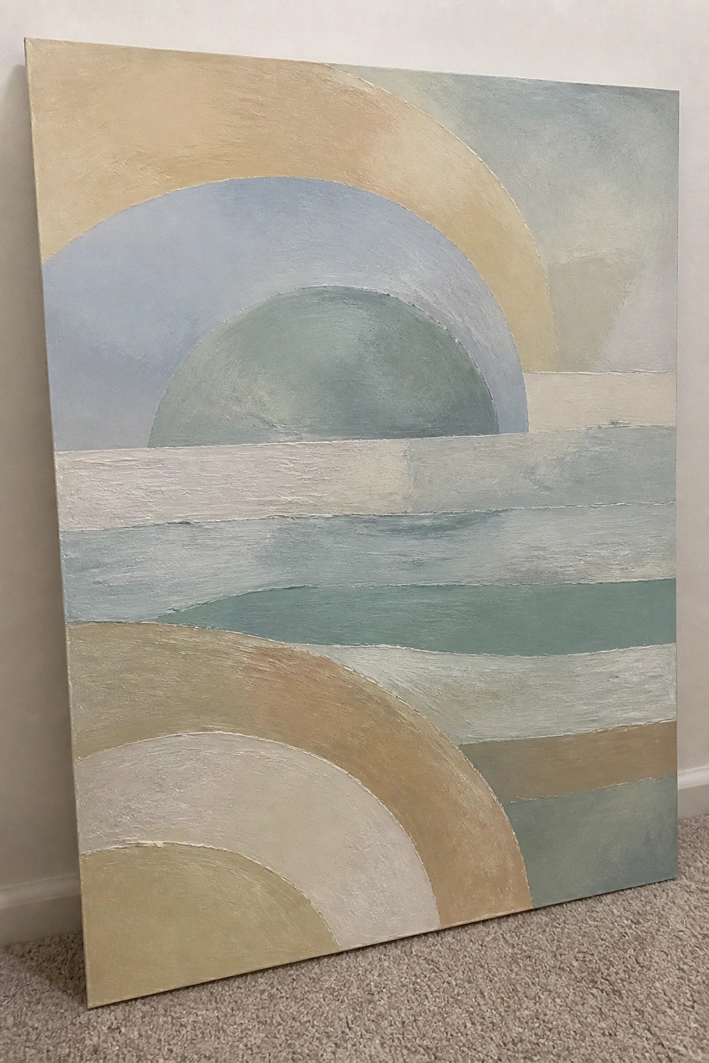 Abstract painting with curved arches and stripes in blue beige and green tones against wall