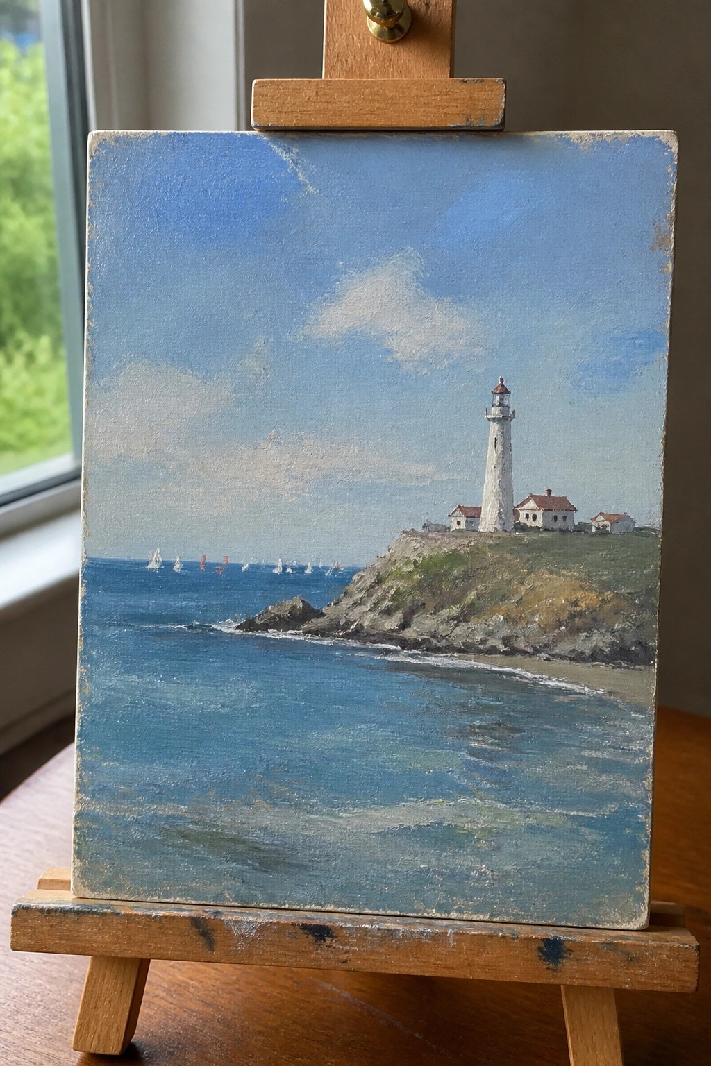 Oil painting on easel of white lighthouse on cliff above blue ocean with sailboats