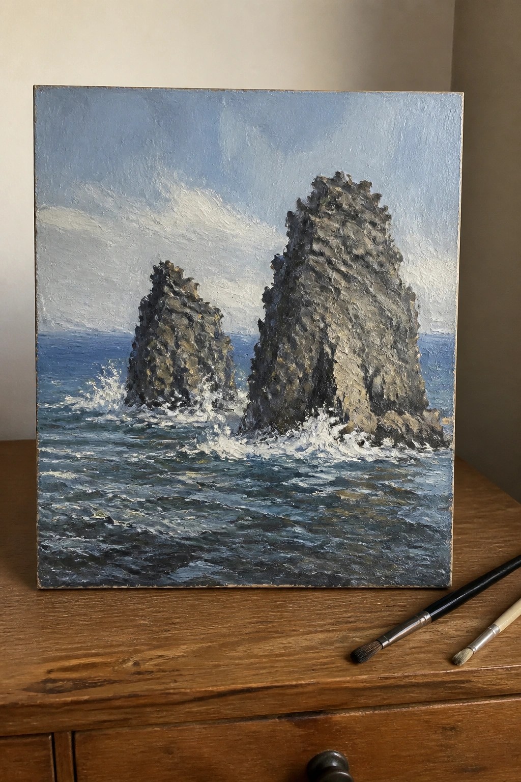 Oil painting of two sea stacks with crashing waves beside paintbrushes on wooden surface.