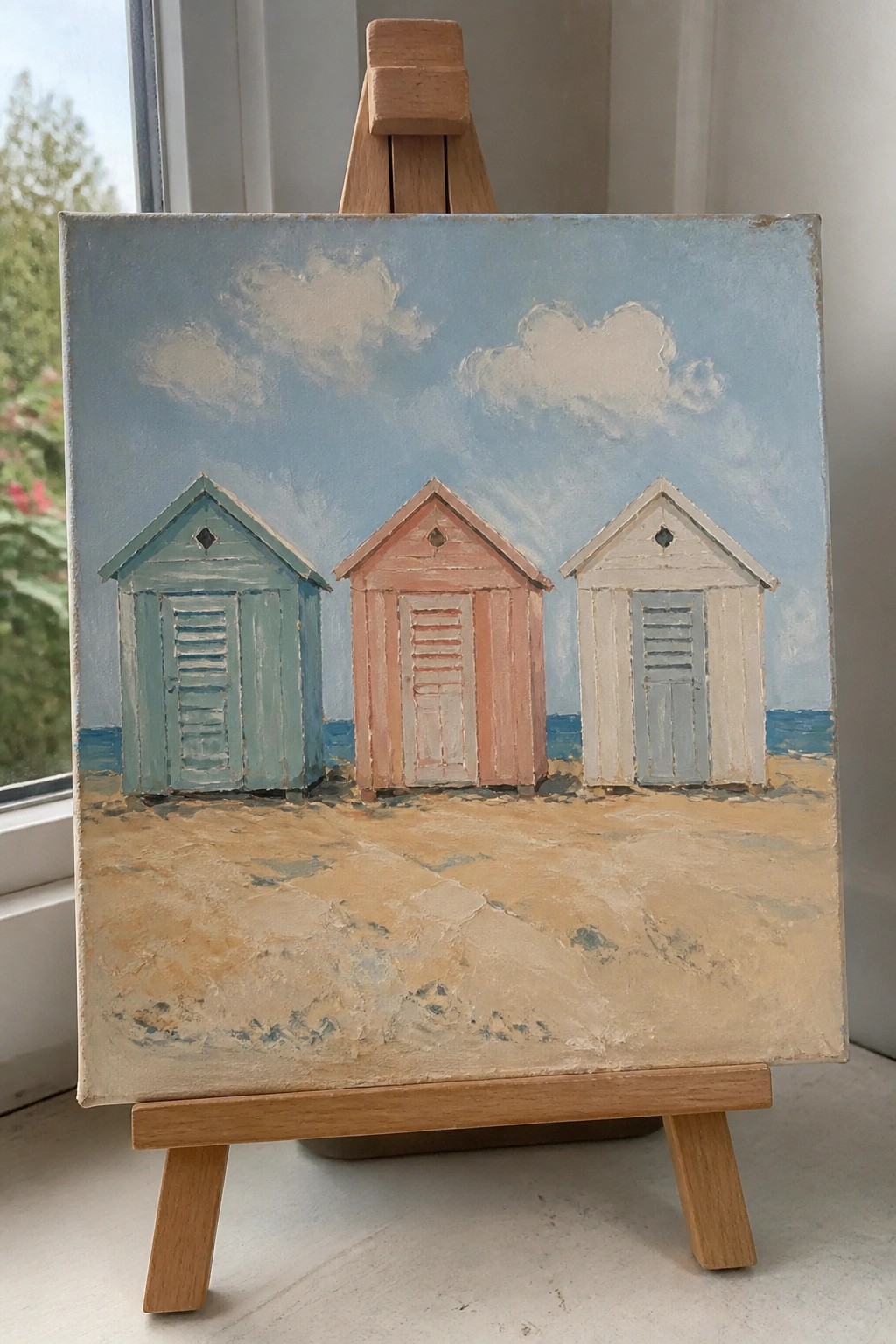Three colorful beach huts on sandy shore under blue sky, displayed on wooden easel