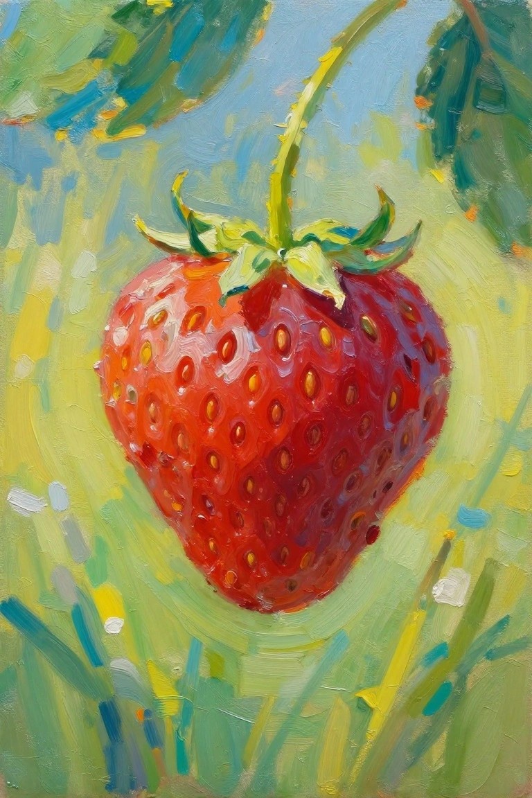 Vivid oil painting of a ripe red strawberry with yellow seeds and green leaves.