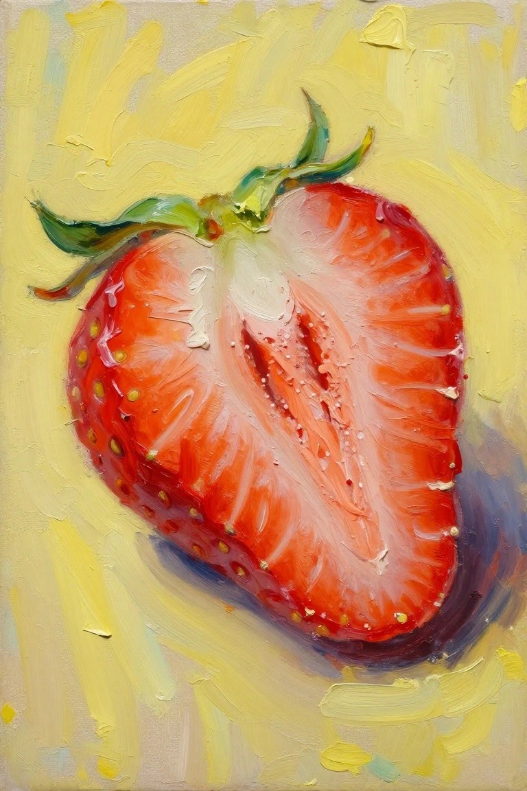 An oil painting of a halved red strawberry with green leaves on a yellow background.
