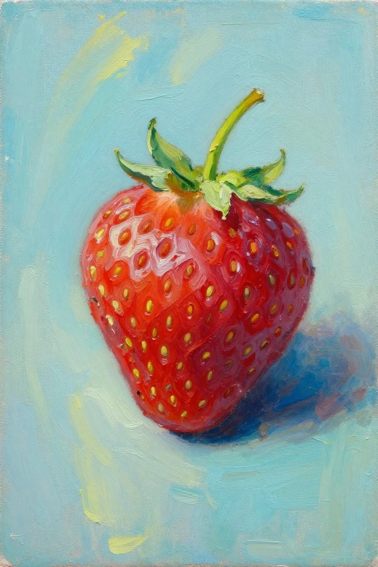 Oil painting of a red strawberry with yellow seeds and green stem on blue background