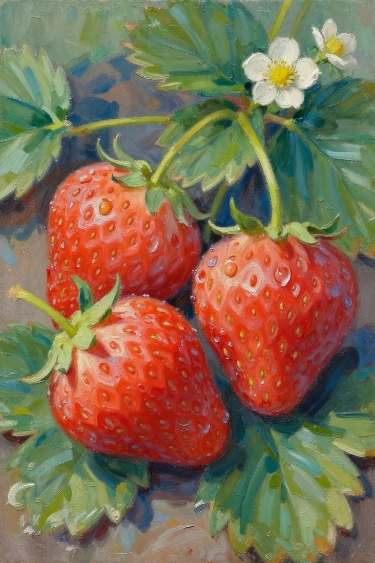 Three dew-kissed red strawberries with green leaves and white flowers in oil painting style