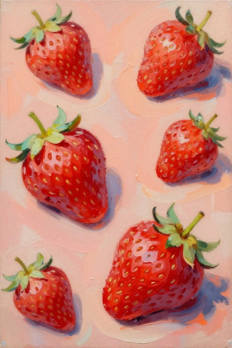 Several ripe red strawberries with green tops on a soft pink background.
