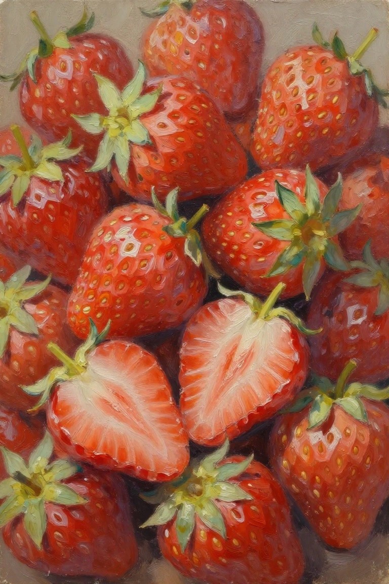 Realistic painting of glossy red strawberries piled together, two cut in half revealing seeds.