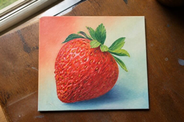 20 Beautiful Fruit Oil Painting Ideas Using Strawberries and Summer Colors Oil painting of a red strawberry with green leaves on wooden table