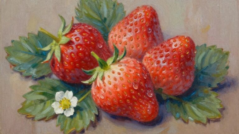20 Beautiful Fruit Oil Painting Ideas Using Strawberries and Summer Colors Three dew-kissed red strawberries with green leaves and white flowers in oil painting style