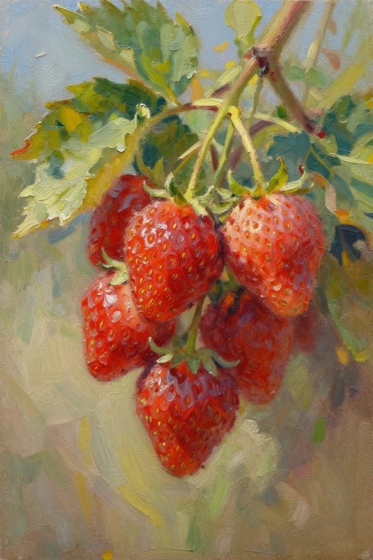 Ripe red strawberries clustered on stems with textured green leaves in oil painting