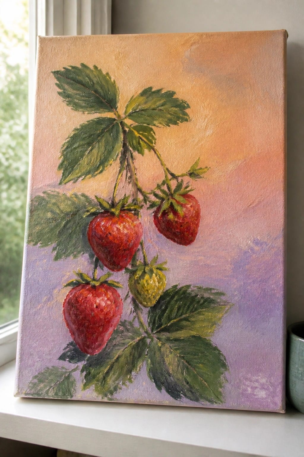 Vibrant painting of ripe red strawberries with green leaves on colorful canvas.