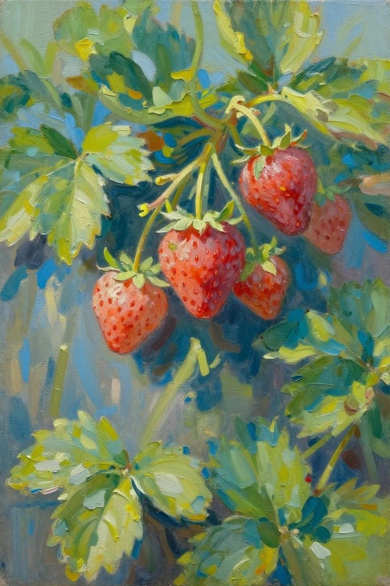Ripe red strawberries hanging among lush green leaves in vibrant painting