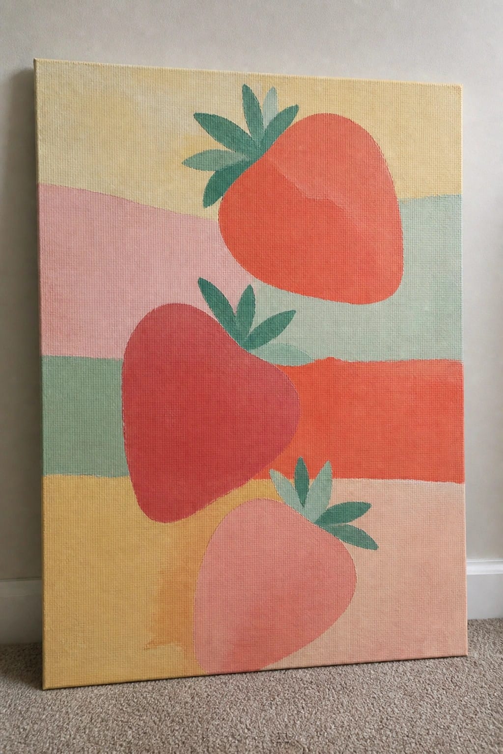 Three strawberries with green leaves on pastel striped abstract canvas painting