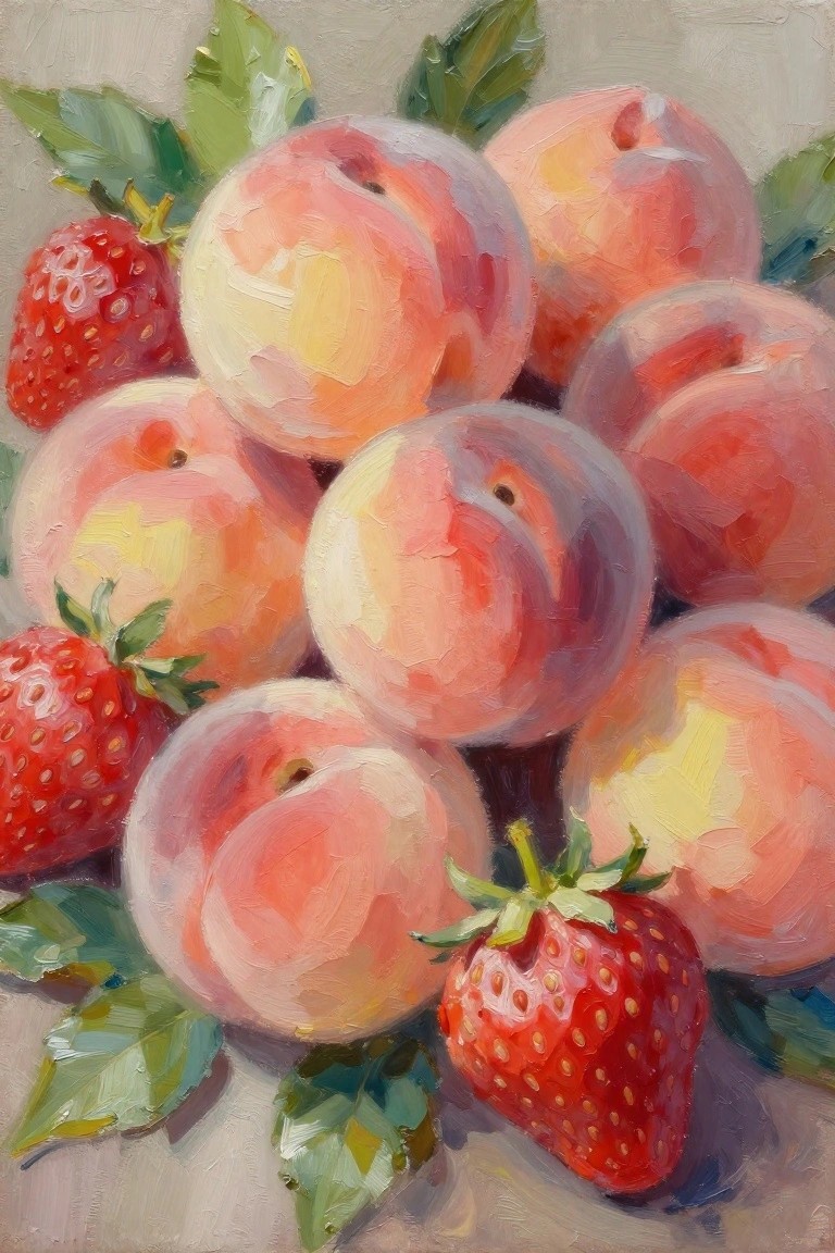 Impressionistic oil painting of pink peaches and red strawberries with green leaves.