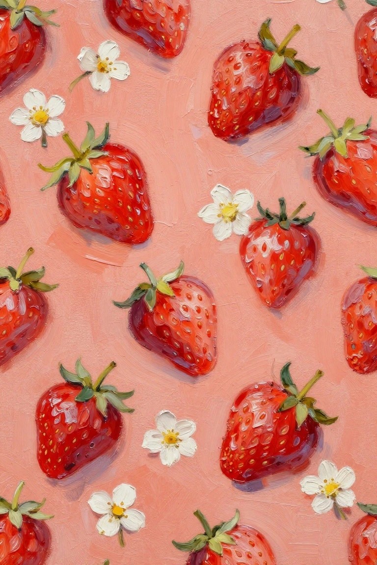 Vibrant oil painting of red strawberries and white flowers scattered on a pink surface