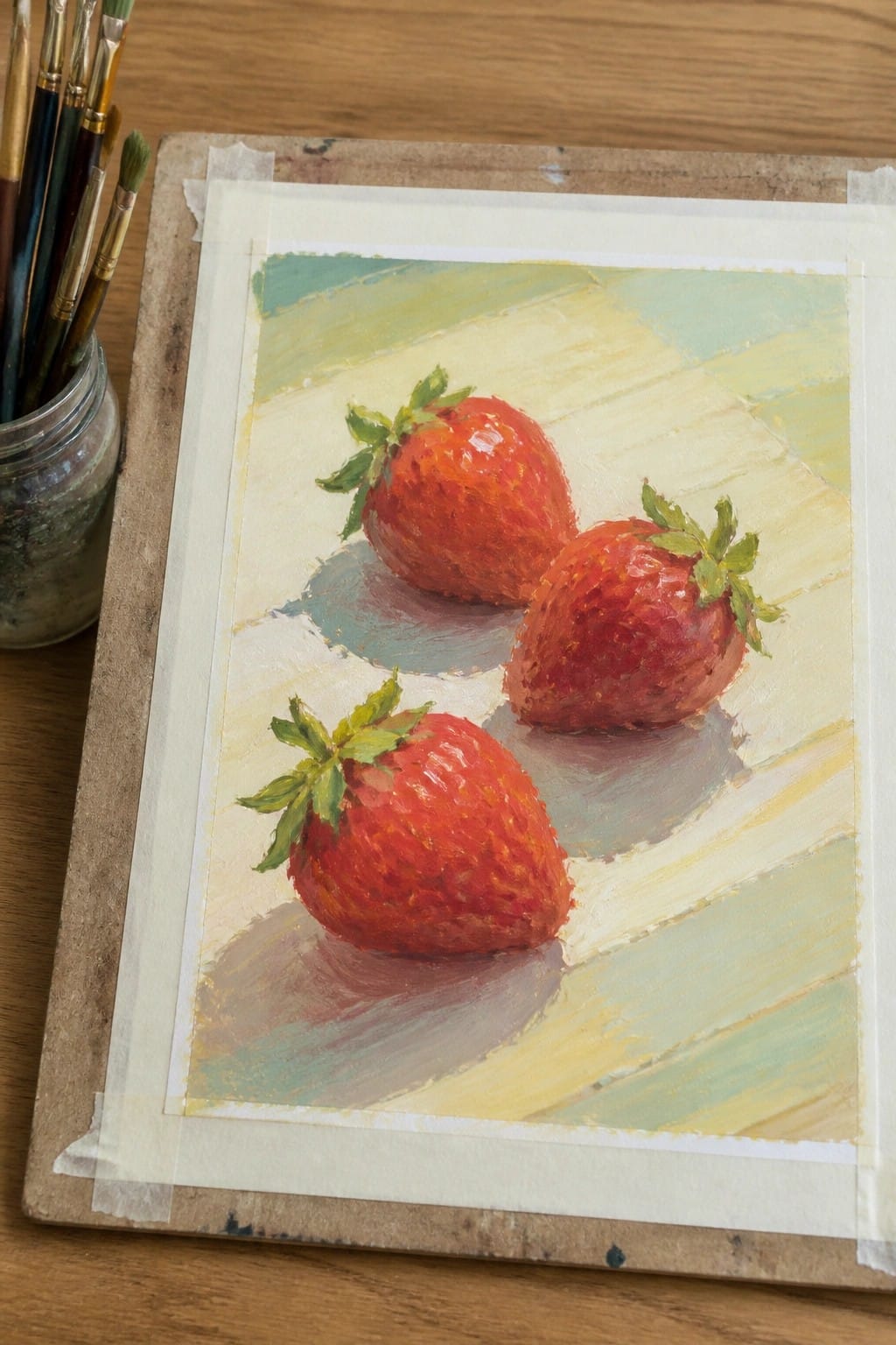 Oil painting of three red strawberries with green tops resting on a light checkered surface with soft shadows.