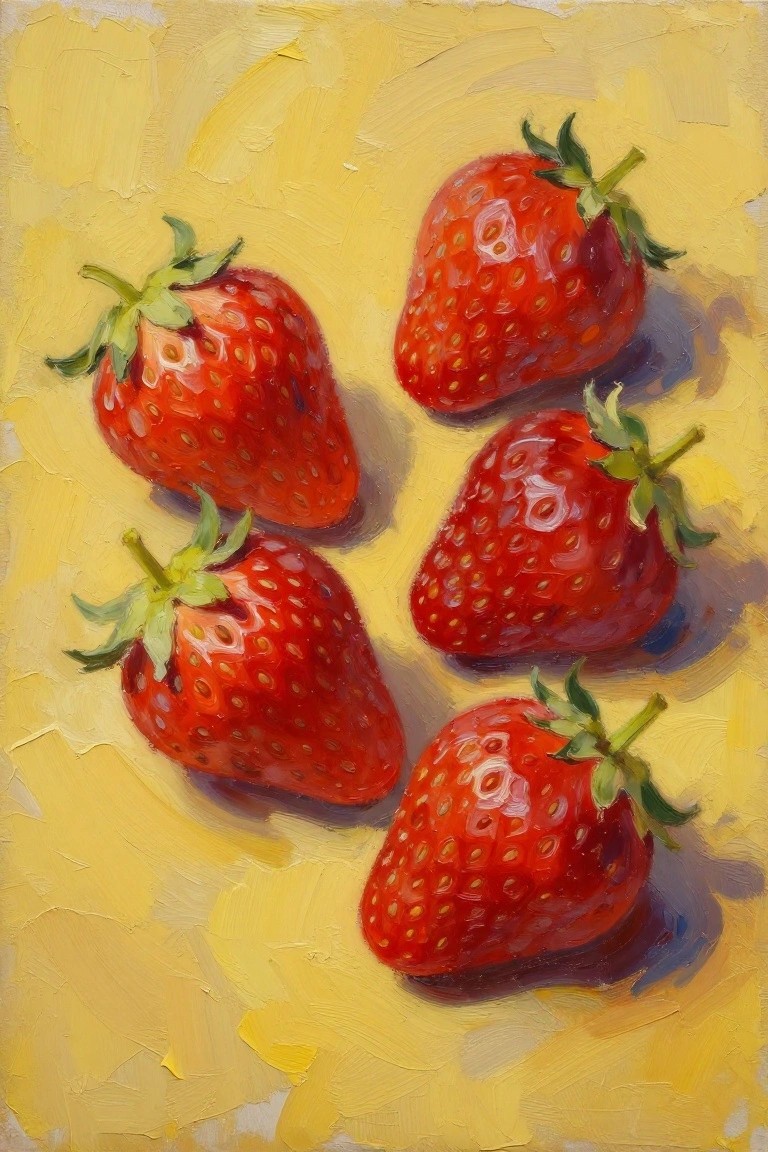 An oil painting of red strawberries clustered with blue cornflowers and white flowers on a green background.