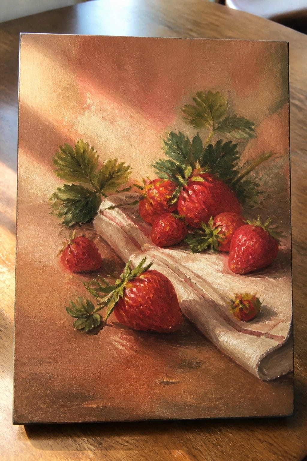 Realistic oil painting of red strawberries with green leaves on a white cloth with red stripes resting on a wooden surface under strong side light.