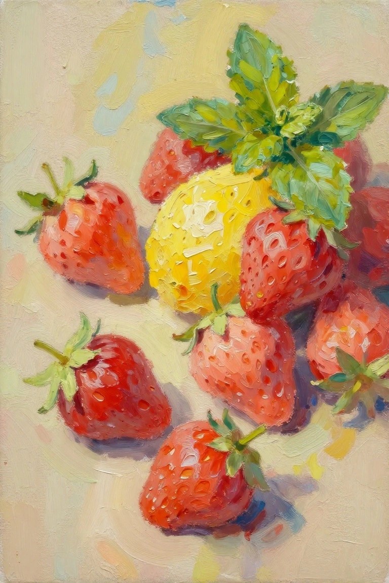 An oil painting of red strawberries, a yellow lemon, and green mint leaves arranged on a light surface.