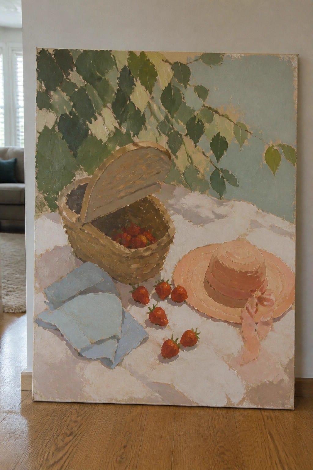 Impressionistic still life with open strawberry basket, pink hat, blue cloth on white surface amid leaves