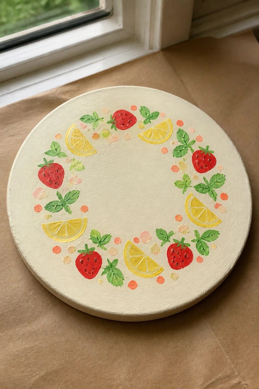 Round painted plaque with strawberry lemon mint wreath and colorful dots