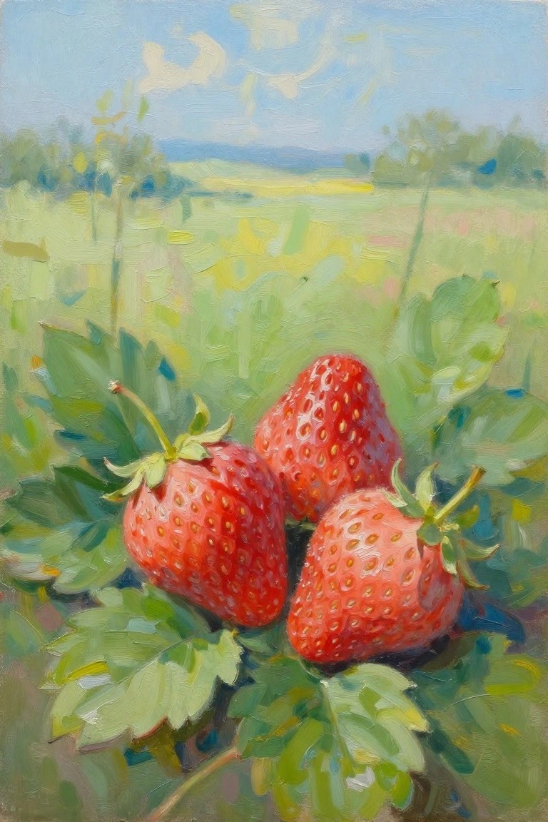 Three ripe red strawberries with leaves in impressionist field landscape painting