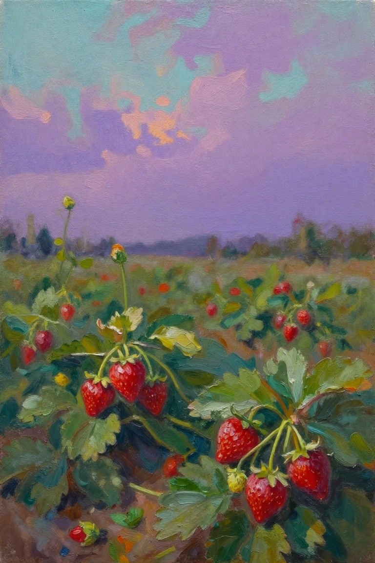 An oil painting of red strawberries on green vines in a field under a purple and pink sky.