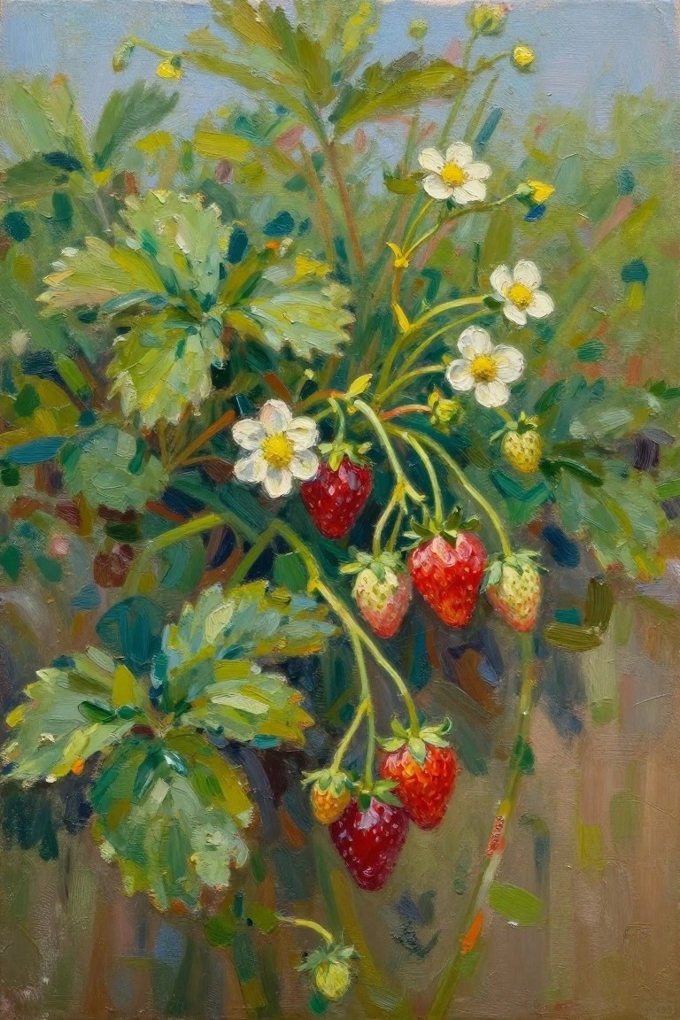 An oil painting of red and unripe strawberries hanging from vines with white flowers and green leaves.