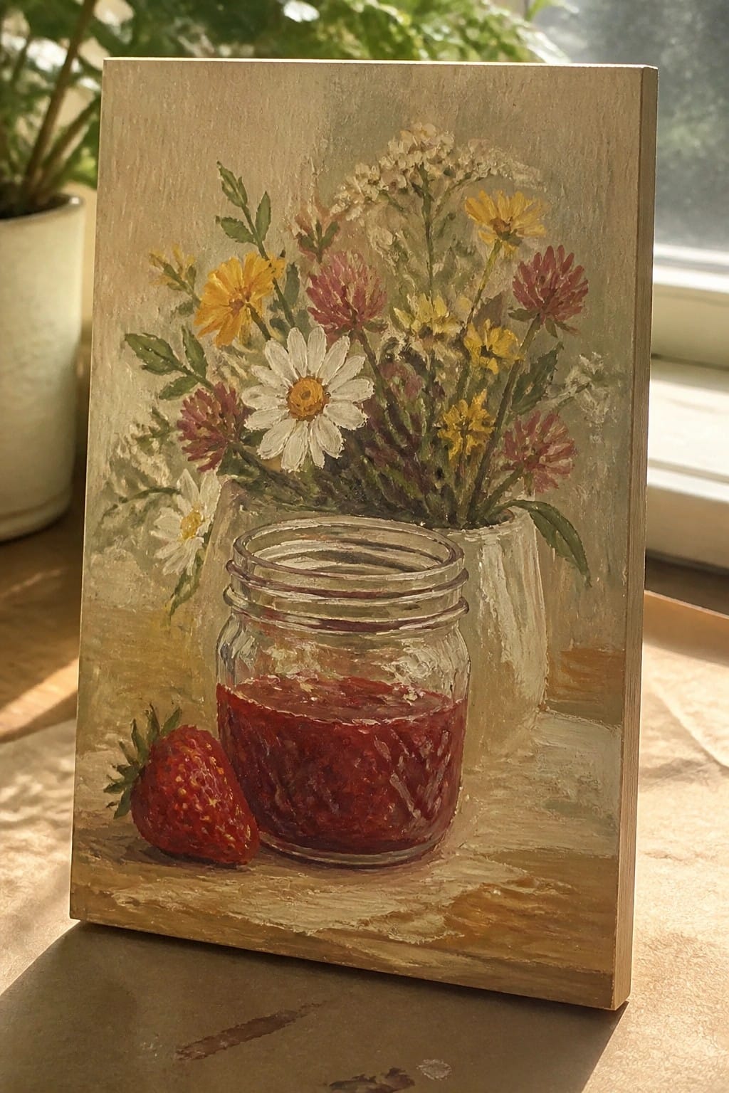 An oil painting shows a glass jar of red strawberry jam beside a fresh strawberry and a small vase of mixed yellow, white, and pink wildflowers on a wooden surface.