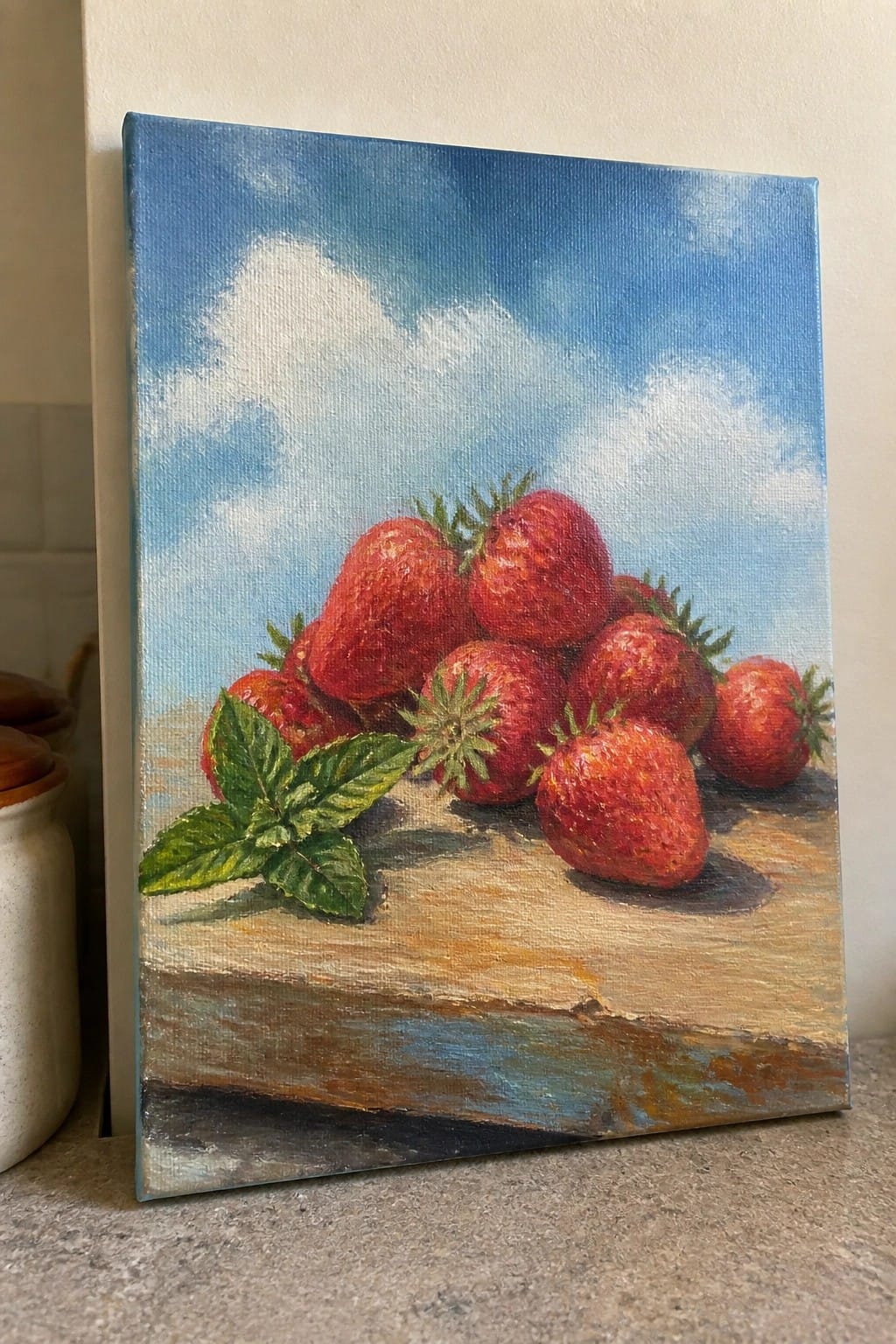 Vibrant painting of red strawberries with mint on wooden board under blue sky