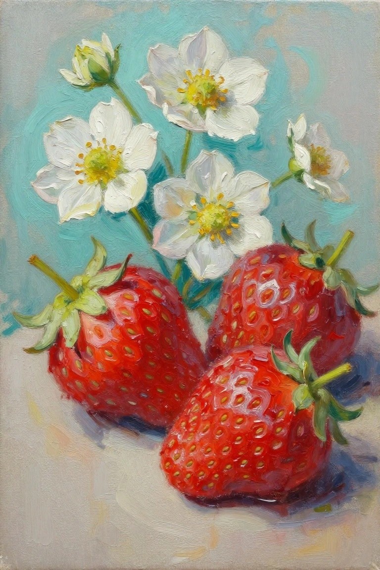 An oil painting of three strawberries, two whole with green tops and one cut in half, resting on a light background.