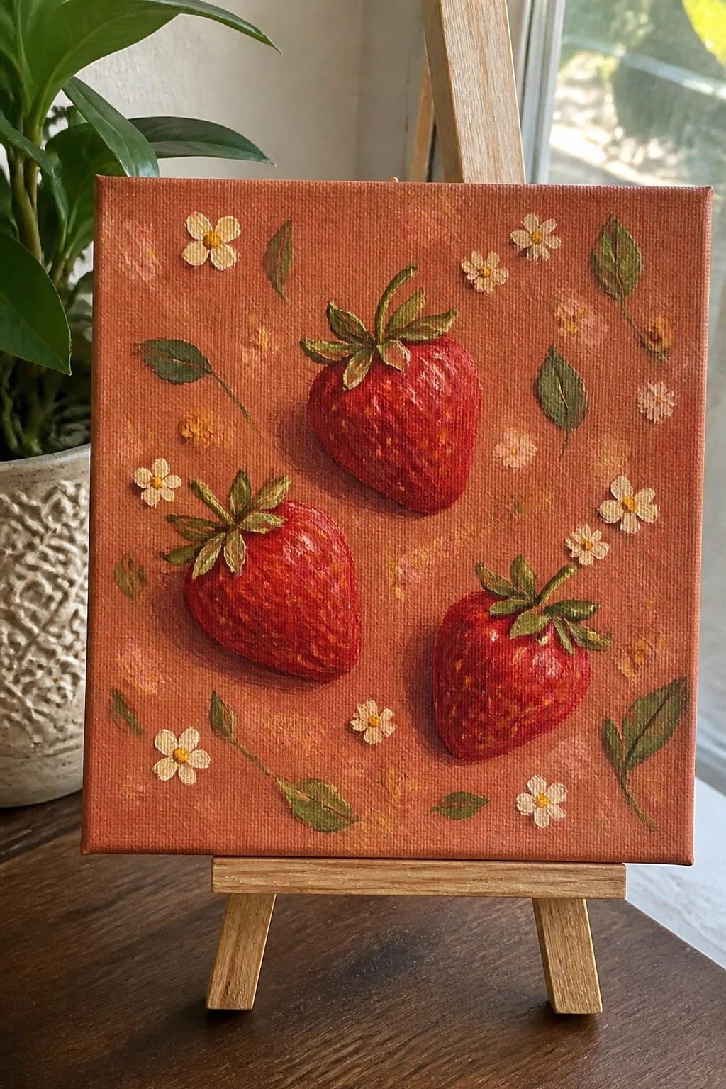 Three red strawberries with flowers and leaves on an orange canvas painting