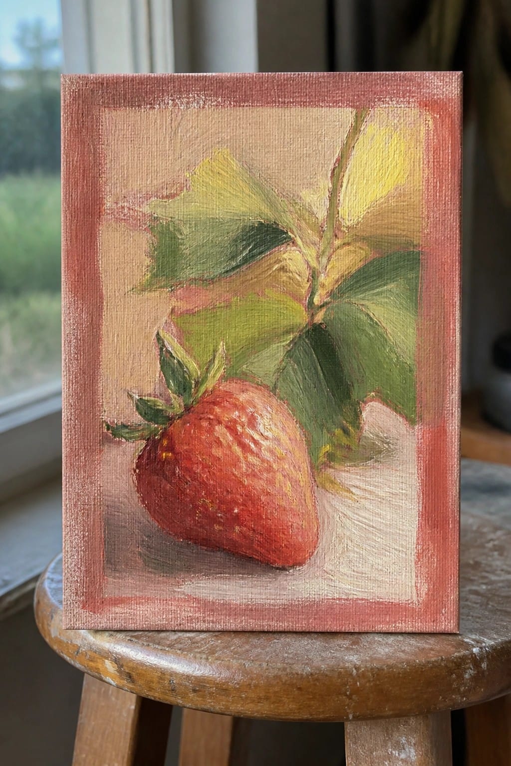 Oil painting of red strawberry with green leaves on wooden stool with red border