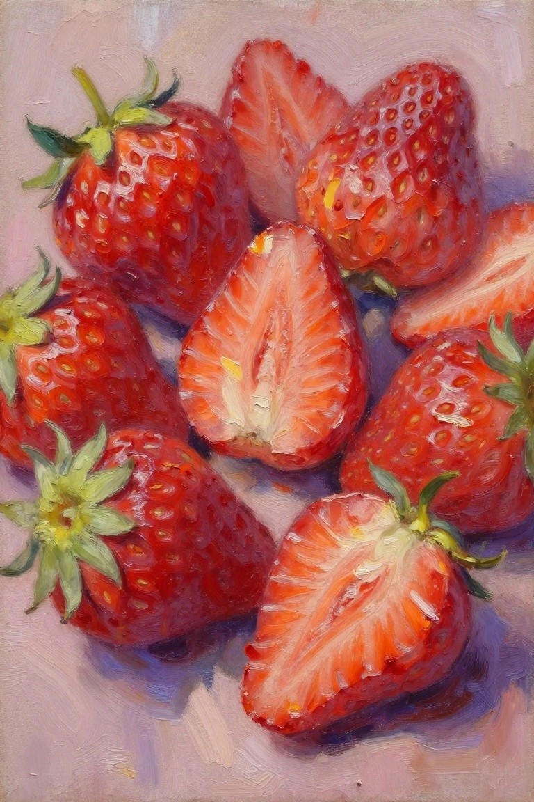 Vibrant oil painting of whole and halved red strawberries with green stems