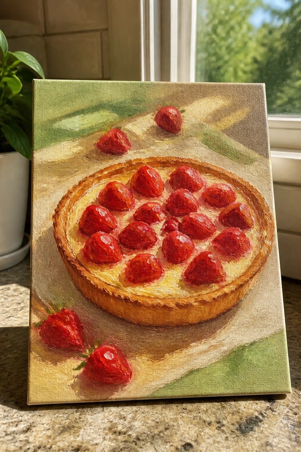 Oil painting of strawberry tart topped with glossy red berries on beige canvas