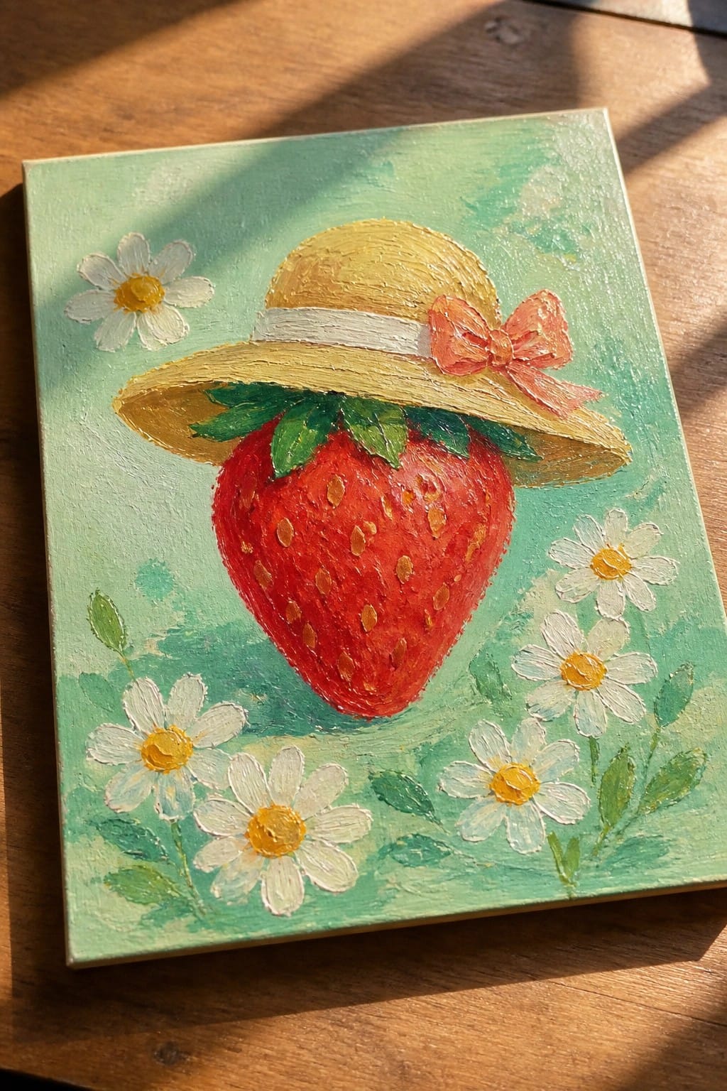 Red strawberry in straw hat with pink bow, white daisies on green background.