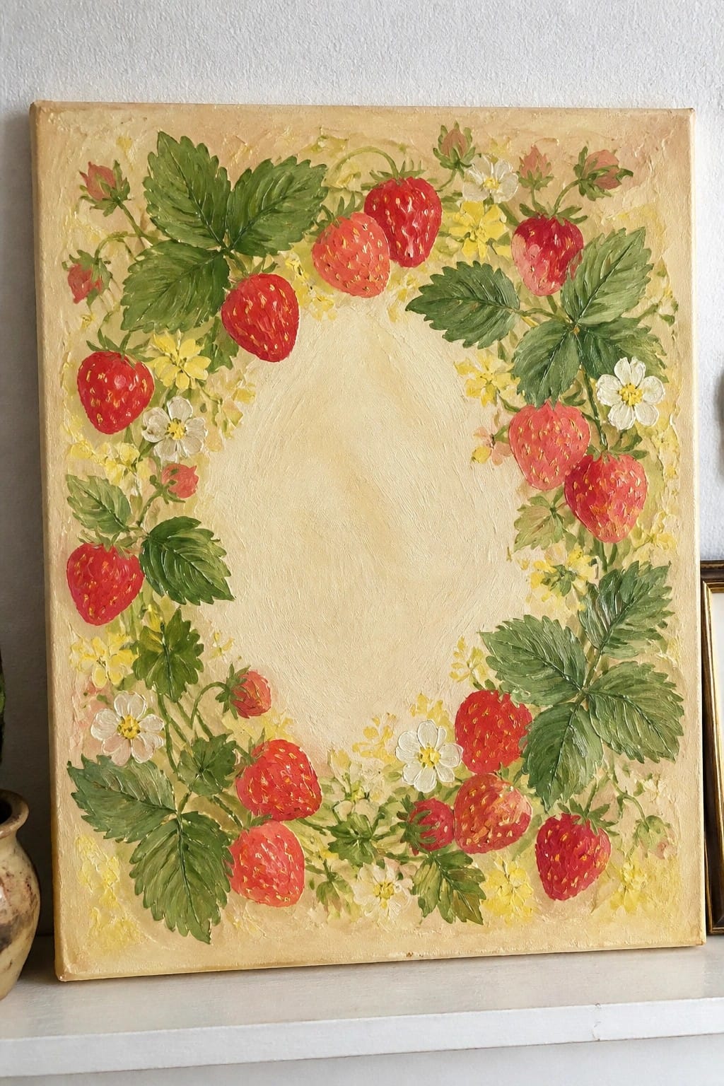 Strawberry and floral wreath painting with red berries, leaves on yellow canvas