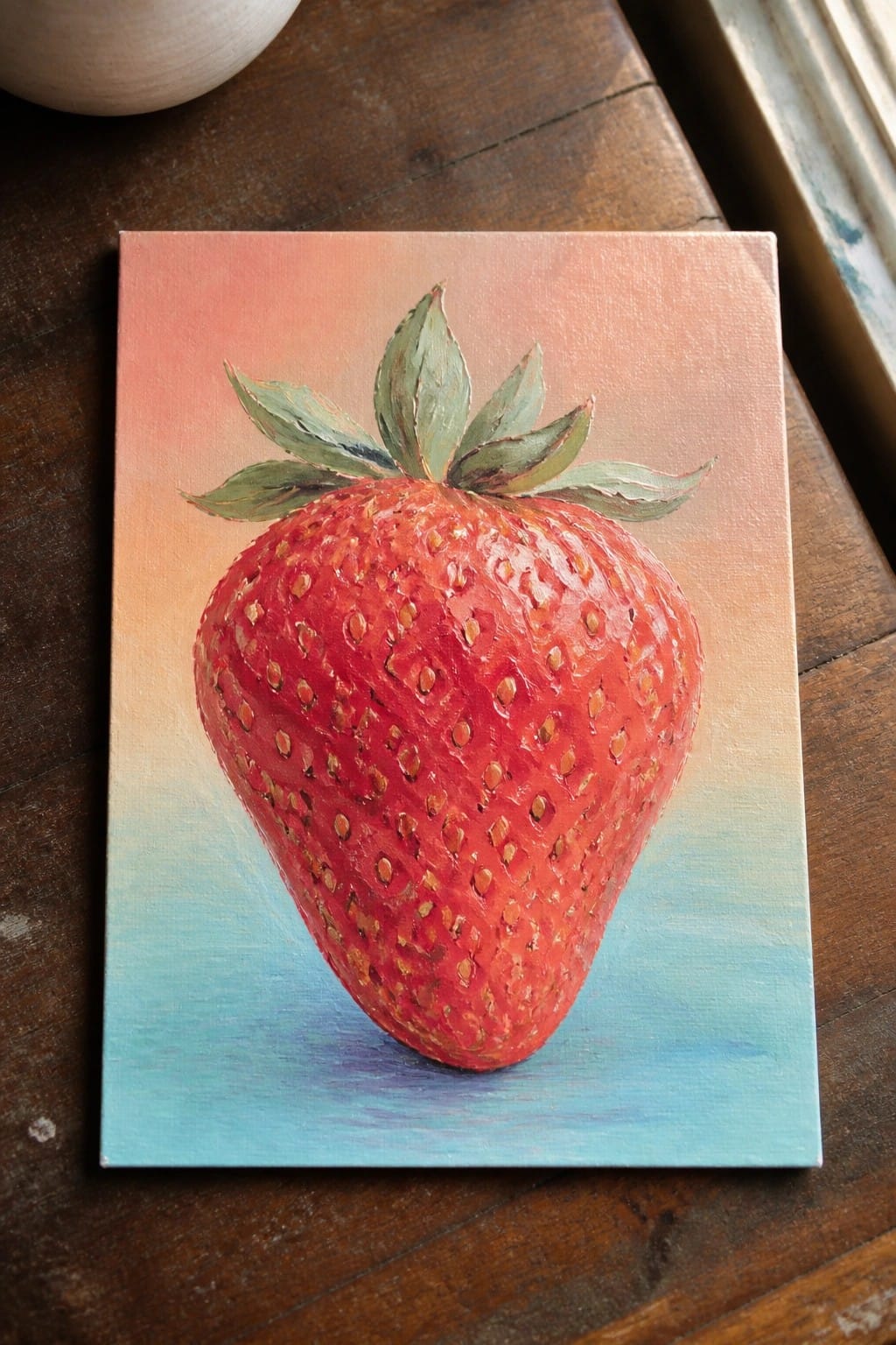 Oil painting of a red strawberry with green leaves on wooden table