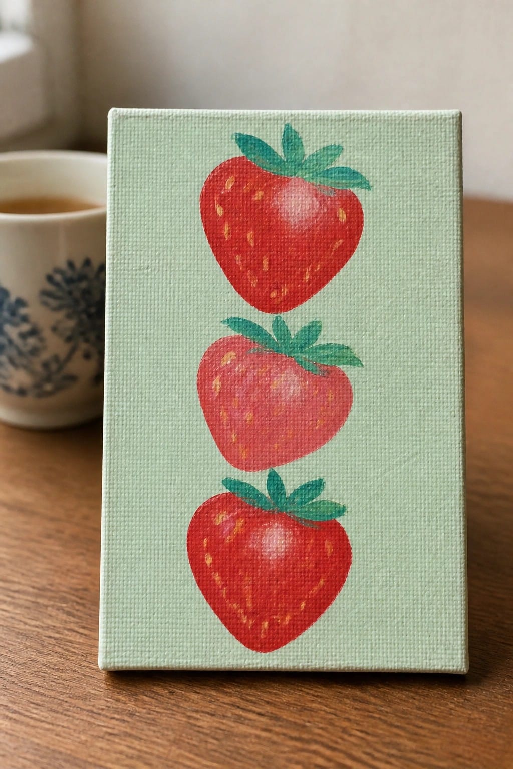 Three red strawberries stacked on light green canvas atop wooden table with mug nearby.